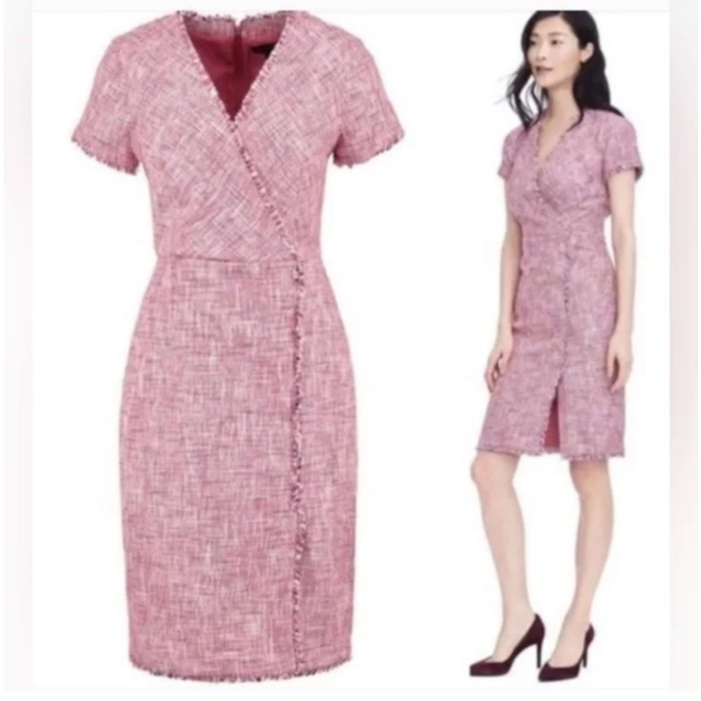 Banana Republic Pink Tweed Faux Wrap MIDI Dress Sz 0